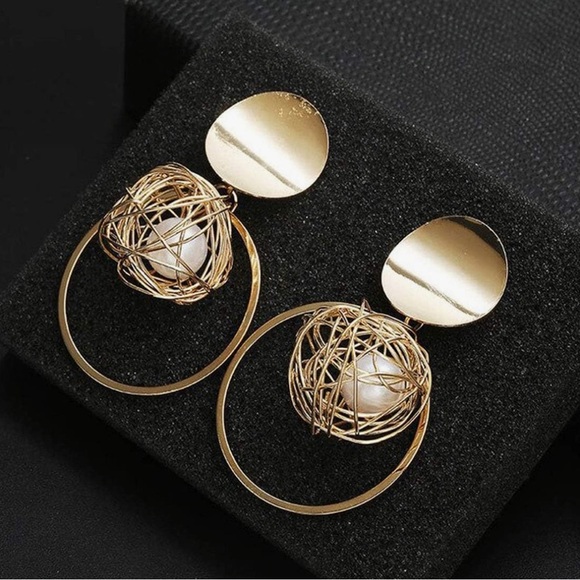 Gold  Pearl Cage Hoops - Picture 7 of 15